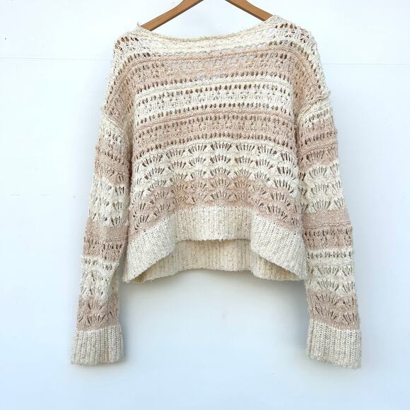 Anthropologie Pilcro Crochet Knit Striped Boho Sweater Top Cream Neutral Medium - Picture 5 of 9